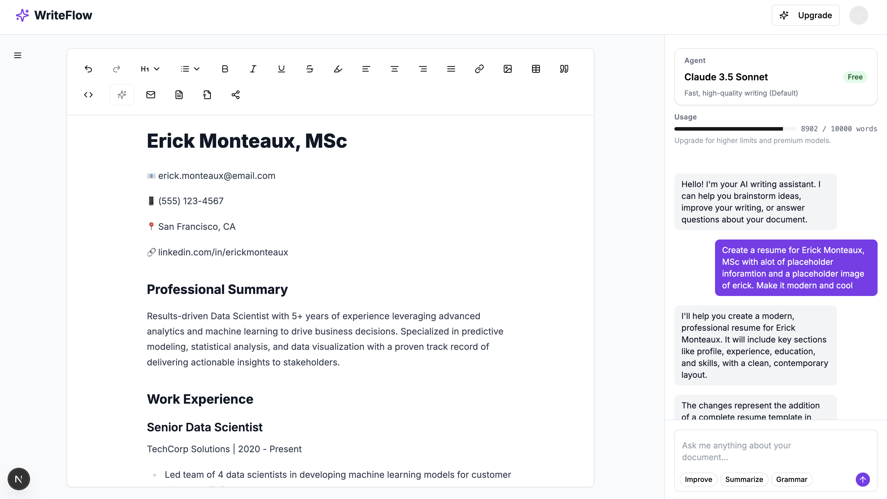 WriteFlow AI Editor Interface